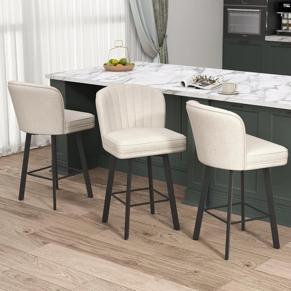 

Swivel Counter Height Bar Stools Set of 3, 26'' Modern Barstools with Backs and Metal Legs, Upholstered Bar Chairs, Beige.