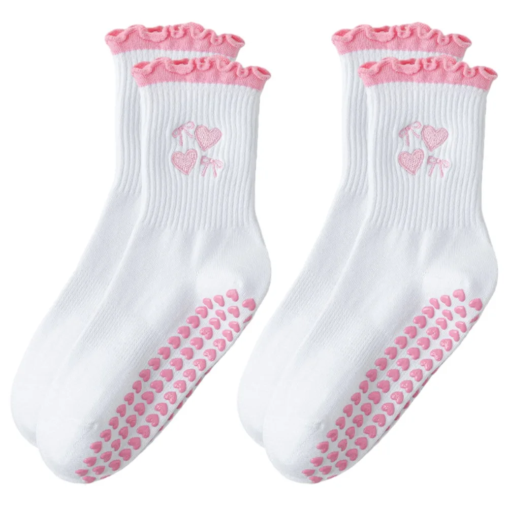 

2pairs Heart Silicone Sock Sole Women Yoga Socks Embroidery Cherry Pattern Pilates Socks Soft Breathable Non-Slip Socks Indoor
