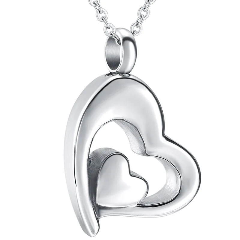 

New Stainless Steel Double Heart Urn Pendant Necklace Memory of Lover Pet Bones Hair Ashes for Men Women Keepsake