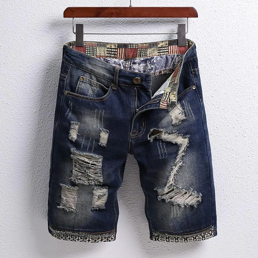 Men Denim Shorts Men's Retro Denim Shorts with Ripped Holes Patch Design Straight Leg Streetwear Shorts with Pockets for Summer