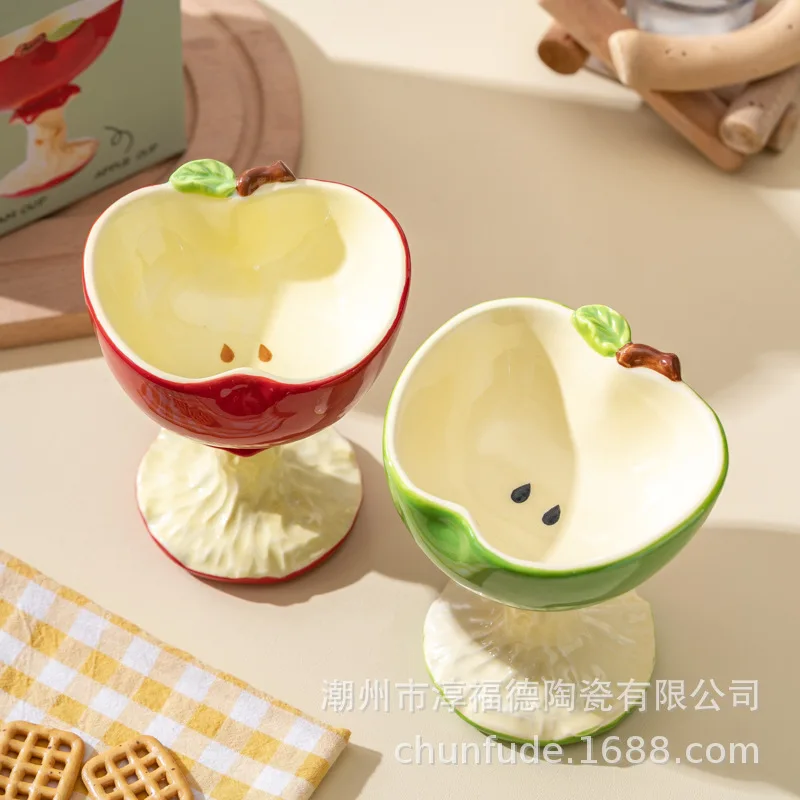 Apple High Footed Cup, Cartoon Cute Hand-painted 3D Dessert Ice Cream Cup, Apple Shaped Ceramic Spoons Mugs, Couple Pairing Cup
