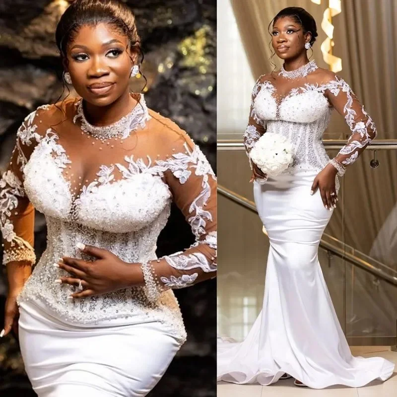 Customized African Wedding Dress Bridal Gowns For Bride High Long Sleeves Appliqued Lace Beaded Pearls Illusion Wedding Gown
