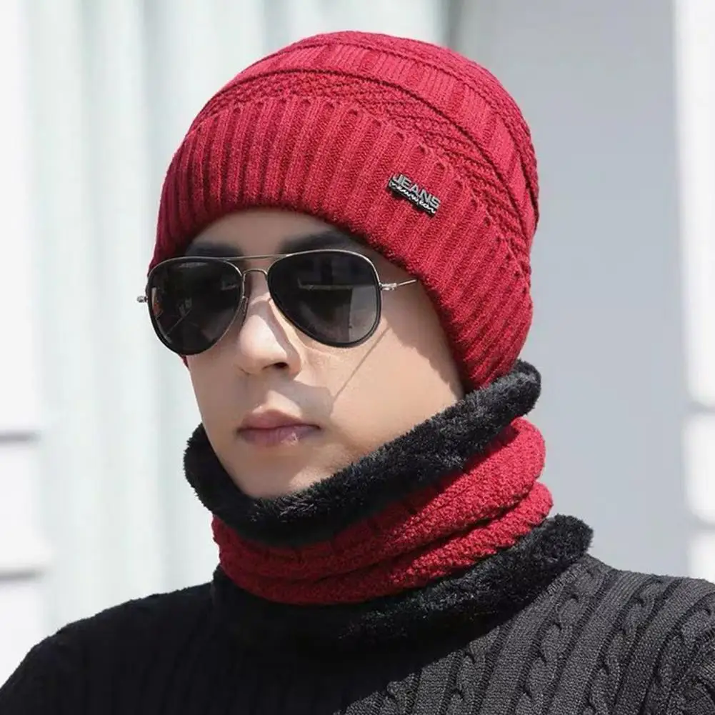 2 Pcs/Set Men Hat Scarf Set Knitting Solid Color Elastic Keep Warm Neck Anti shrink Winter Beanie Scarf Set for Work