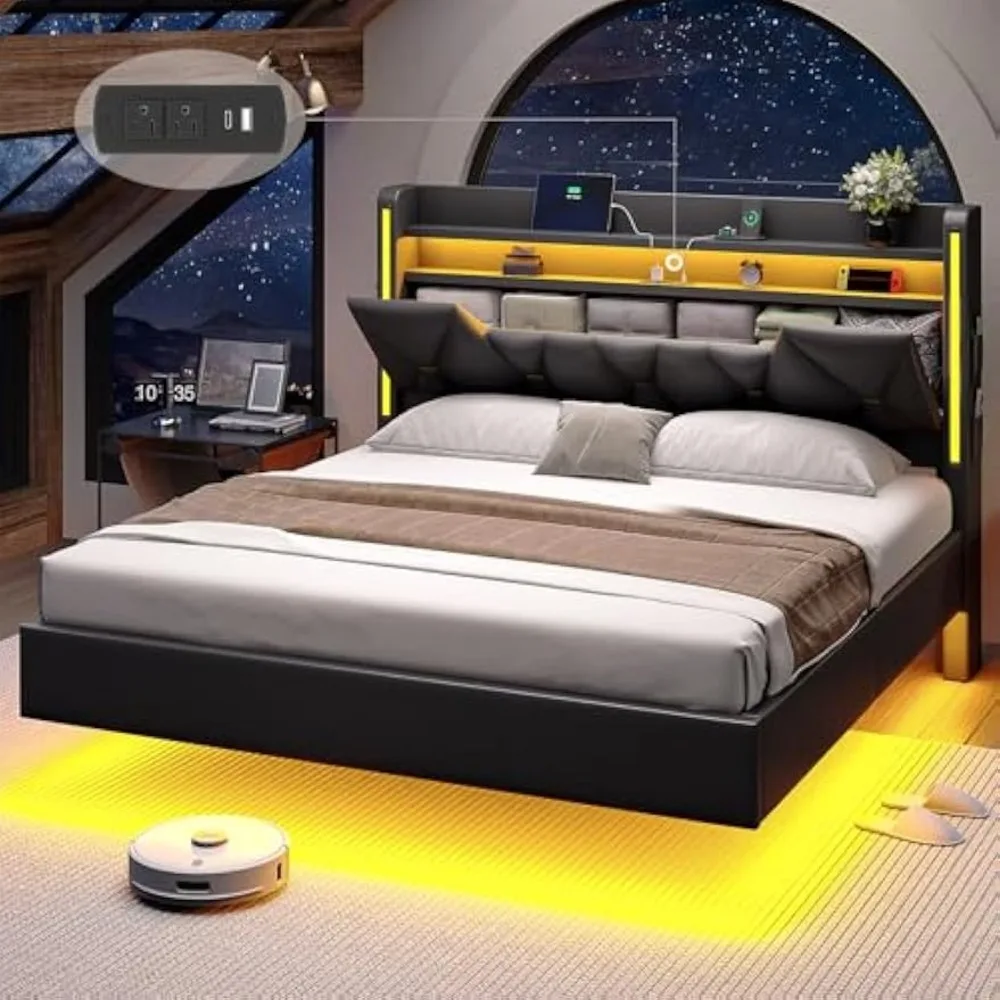 Queen Floating Bed Frame with Storage Headboard, Floating Queen Bed Frame with LED Lights & Charging Station Including 4 Pockets