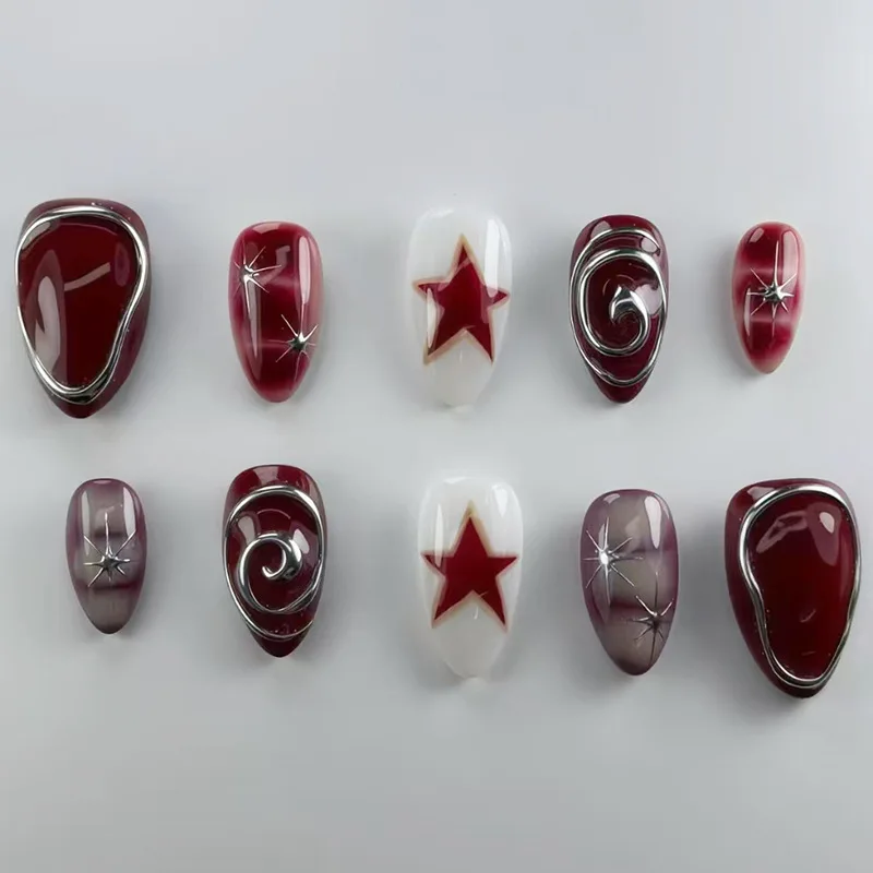 

24PCS Dark Red Almond Fake Nail Metallic Silver Lines with Star Pattern French Press on Nail Wearable Ins Nail Tip Set for Women
