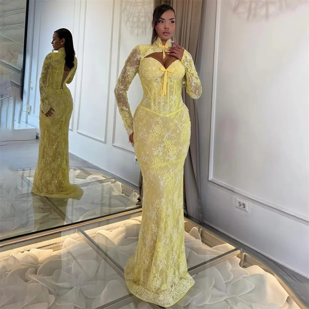 Amanda Customizd High Neck Cut‑out Floral Lace Mermaid gown Evening dress Lace‑up Floor‑length Glamorous Prom dress Party dress