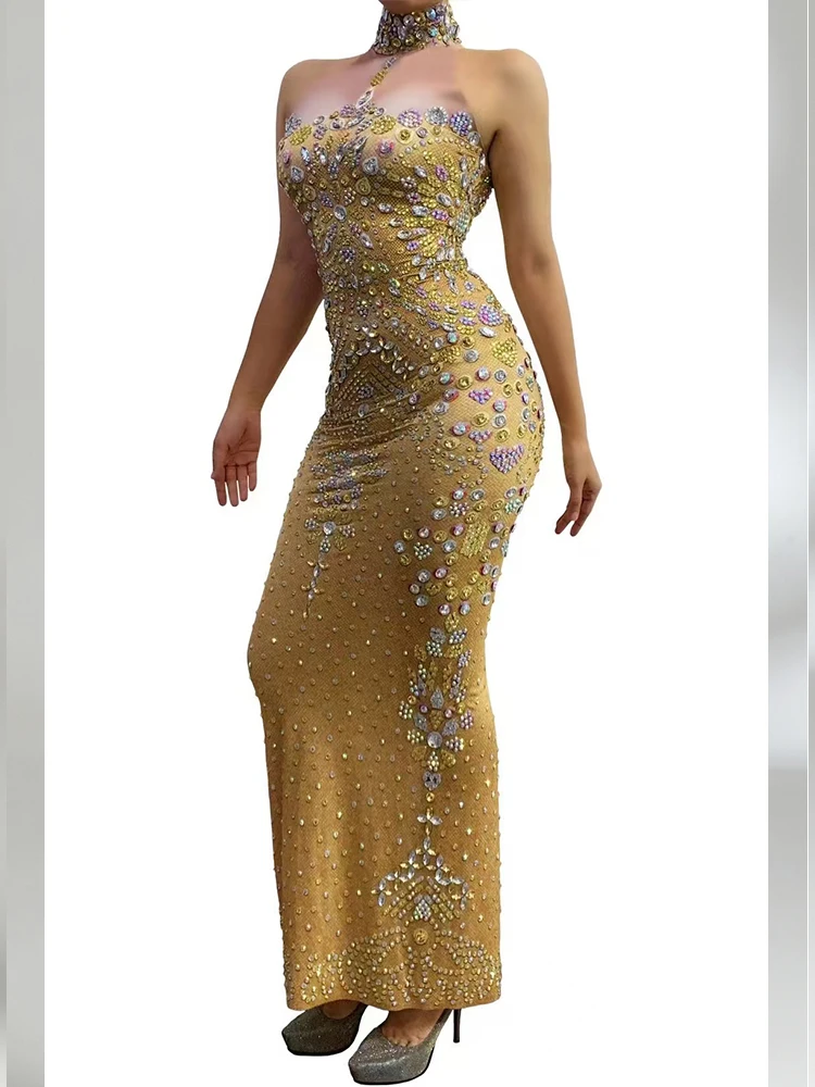 Alta qualidade strass sexy pescoço pendurado vestido elástico 2025 nova moda roupas femininas personalizadas