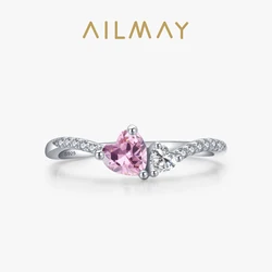 Ailmay Solid 925 Sterling Silver Romantic Dazzling Pink Heart Crystal Stackable Rings For Women Christmas Fine Jewelry Gifts