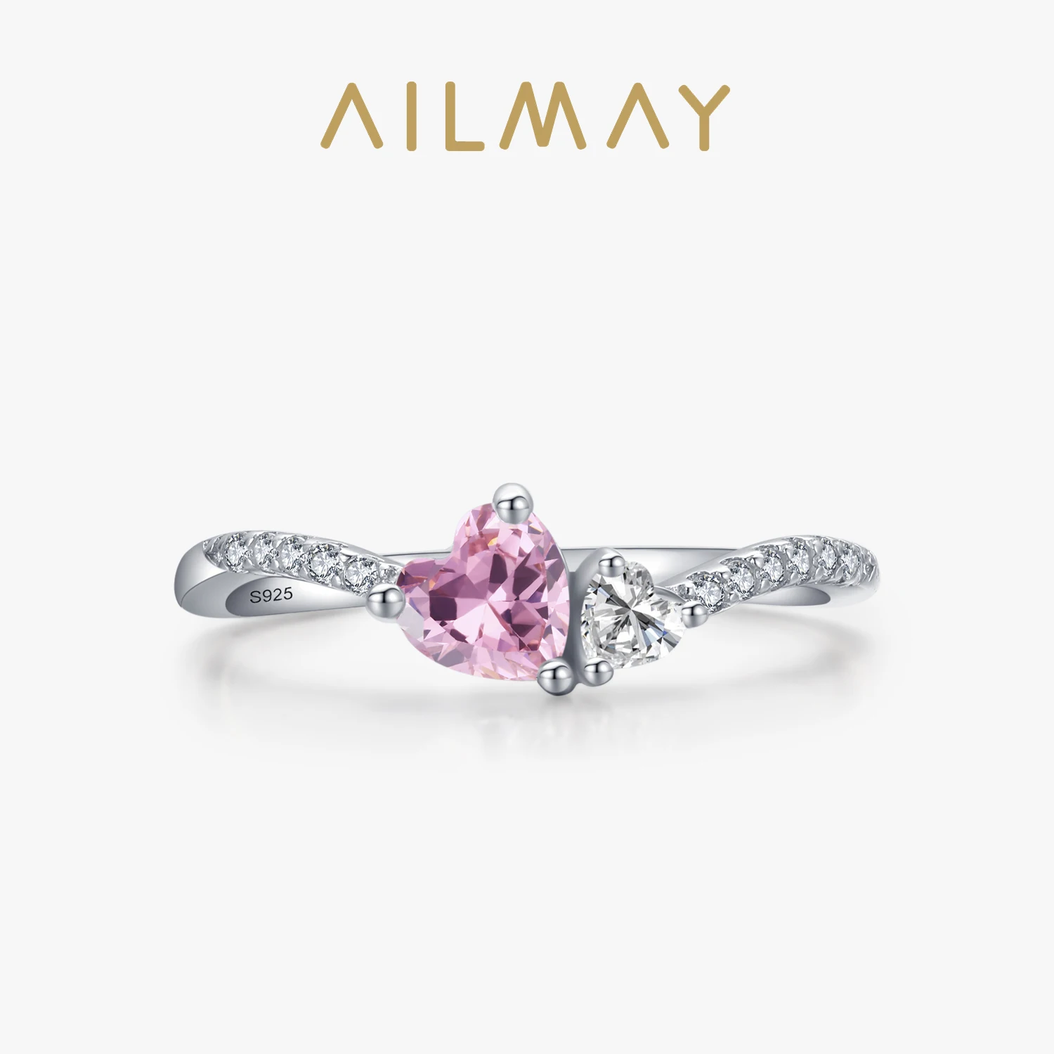 Ailmay Solid 925 Sterling Silver Romantic Dazzling Pink Heart Crystal Stackable Rings For Women Christmas Fine Jewelry Gifts