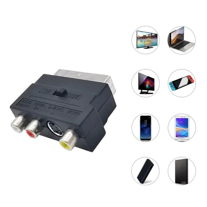 21PIN SCART to 3RCA Female Adapter with On/Off Button for Video Recorder