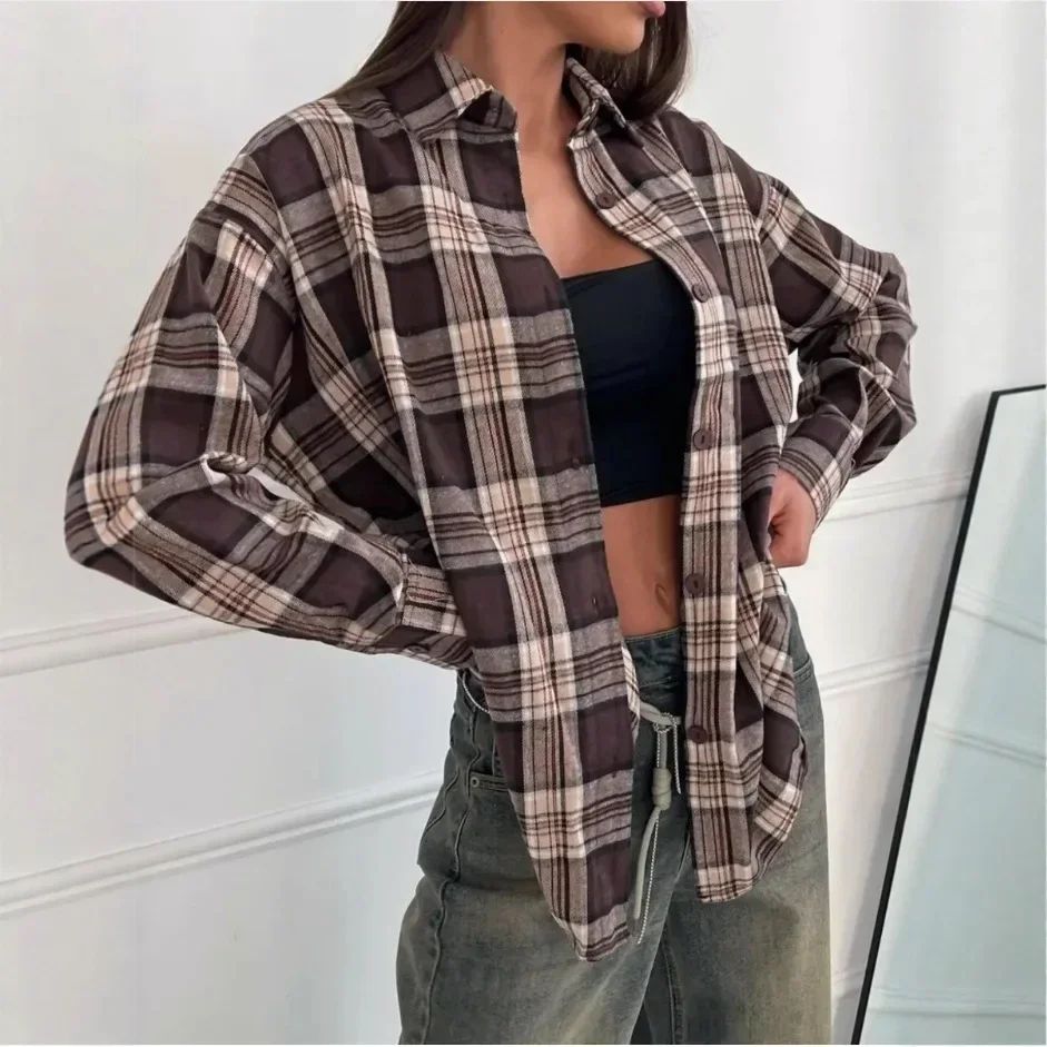 

Loose Plaid Long Sleeve Shirt Cardigan Women's Casual Top Vintage Women's Button-Up Shirt Regular Fit Polo Collar Cotton Blend