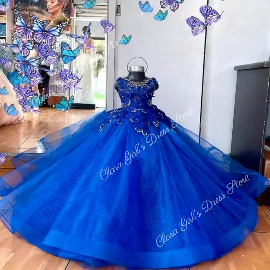 Custom Flower Girl Dress Royal Blue Sequin Sparkle Tulle Dress Ball Gown Wedding Birthday Party Girl Dress
