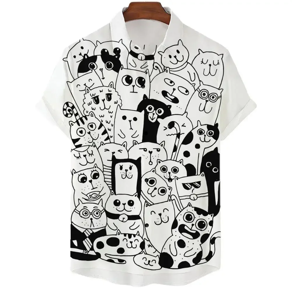 2023 Anime Cartoon Shirt For Men 3d Print Animal Cat Oversized Men\'S Shirt Casual Short Sleeve Daily Hawaiian Shirt Top Summer