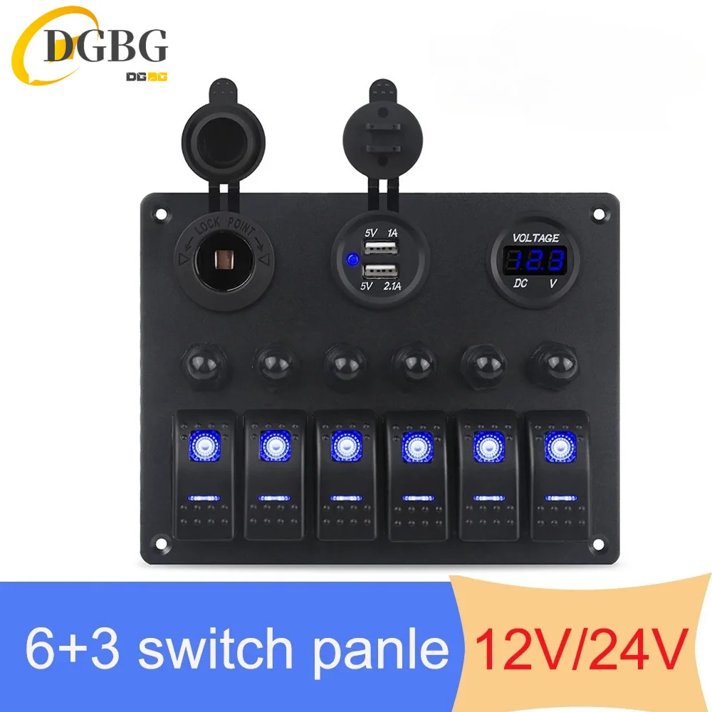 

12V 24V 6 Buttons Car Switch Panel 15A Fuse Marine Circuit Breaker Voltmeter Tester Light Toggle USB Chargers 3.0 Auto Splitter