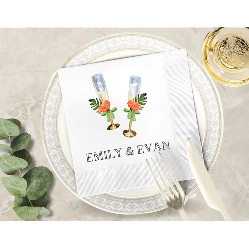 

50PCS Preppy Champagne Flutes Cocktail Napkins | Personalized Engagement Napkins | Custom Hibiscus Party Decor | Tropical Palm D