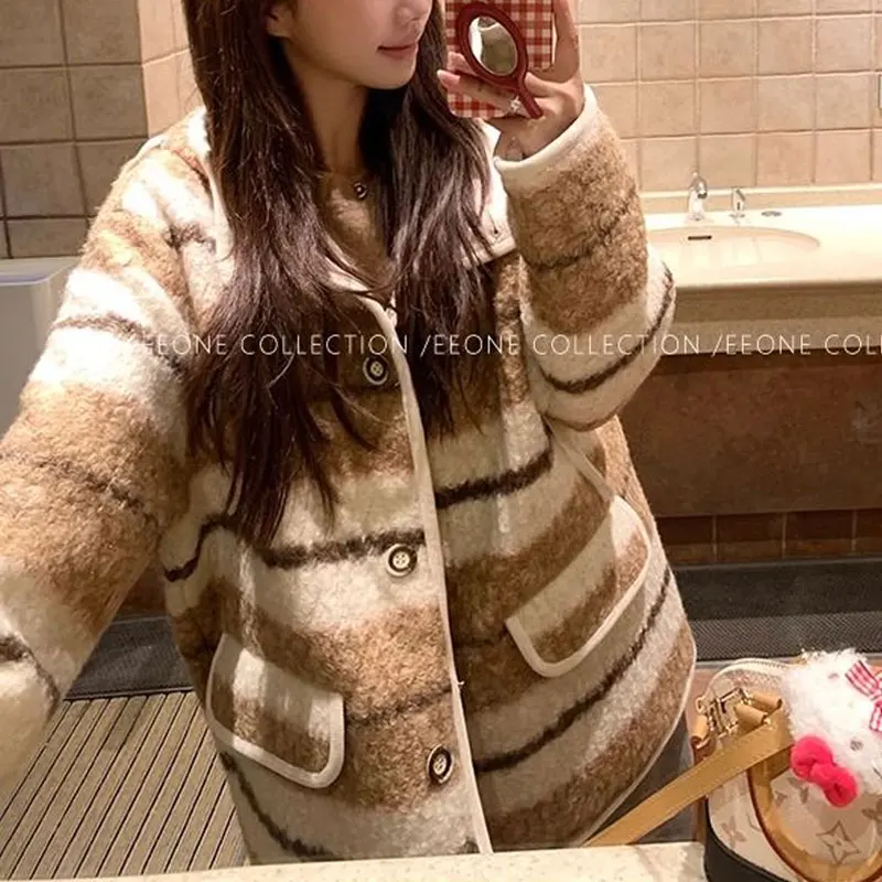 معاطف صوف مخططة بقلنسوة عتيقة غير رسمية لخريف وشتاء جيوب فضفاضة جديدة ملابس نسائية أنيقة ومزيج واحد الصدر