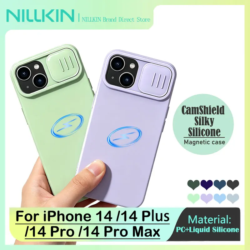 NILLKIN Coque magnétique pour iPhone 14 Plus/14 Pro Max, Silicone liquide soyeux, Protection d'appareil photo coulissant, Housse MagSafe pour iPhone 13
