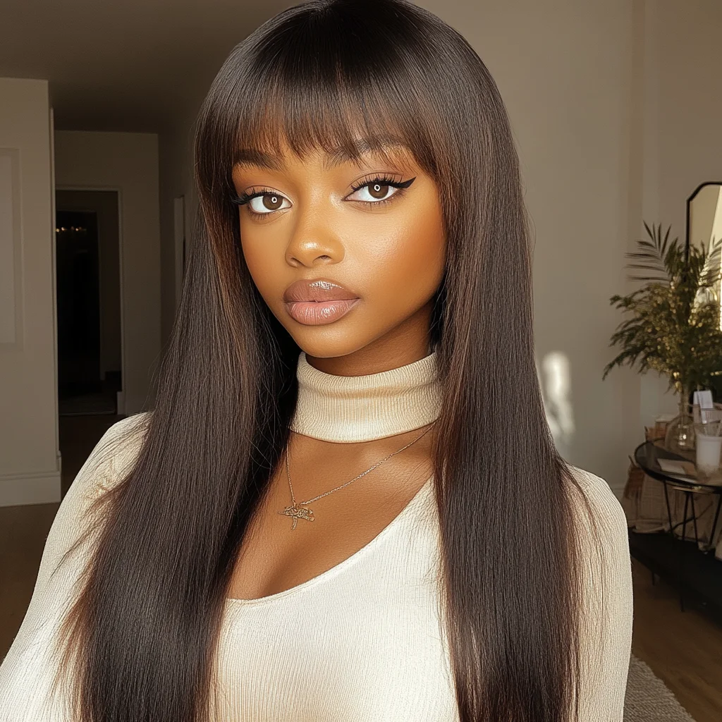 

Lekker Chocolate Brown Bone Straight 100% Human Hair Wig With Bangs For Women Brazilian Remy Hair Full Machine Made 24" Long Wig