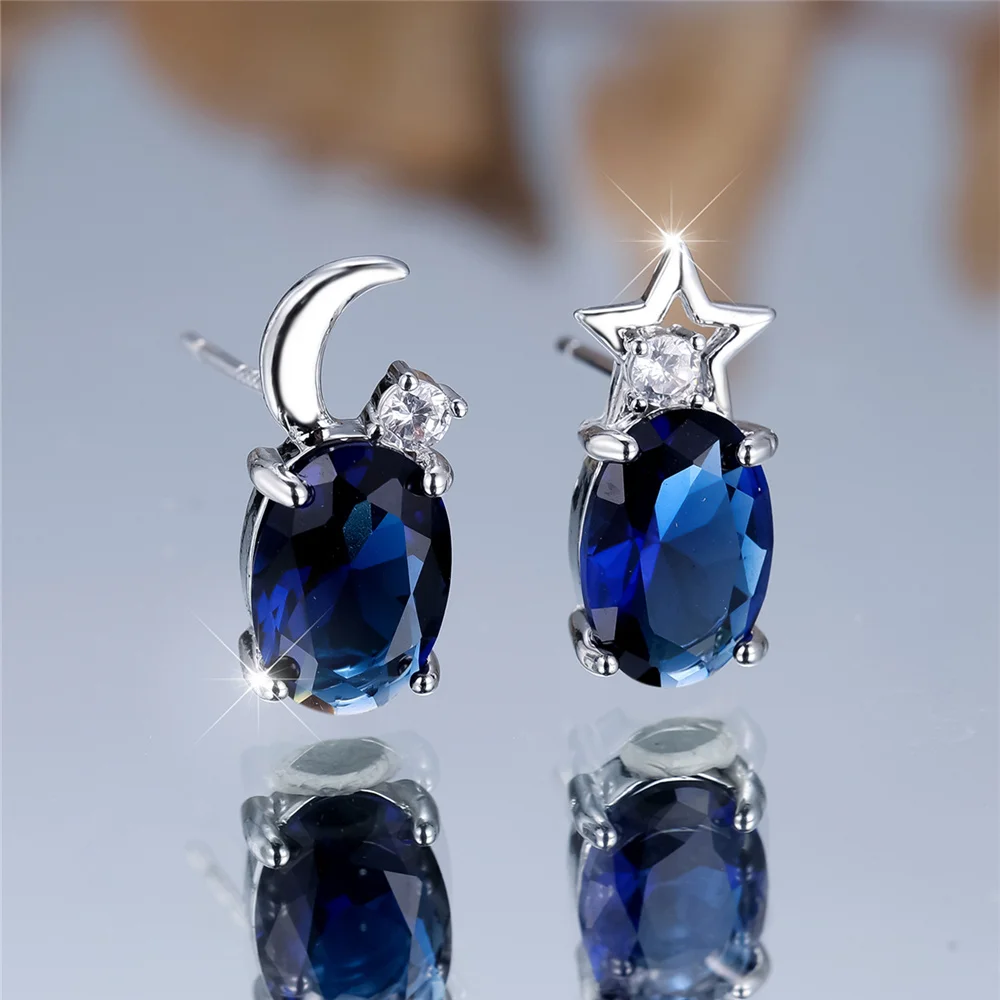 Cute Female Stone Blue Crystal Star Moon Stud Earrings Silver Color Wedding Jewelry For Women