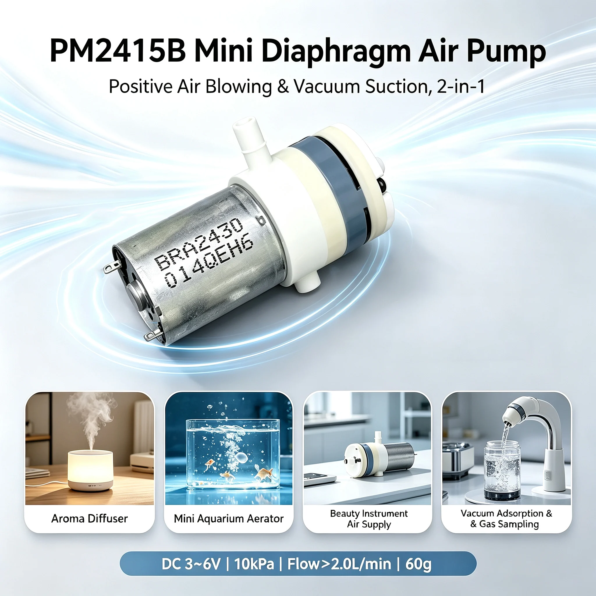 1PCS PM2415B 370 Micro Diaphragm Air Pump DC 3V 5V 6V, 2-in-1 Positive Pressure Blowing & Vacuum Suction Pump for DIY