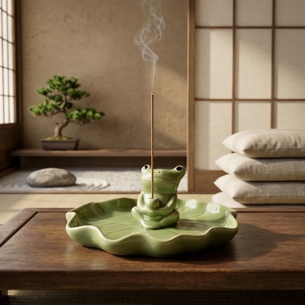 Frog Sitting on Lotus Leaf Handmade Ceramic Incense Holder for Home Office or Meditation Area Green Pottery 11.5x4.5cm
