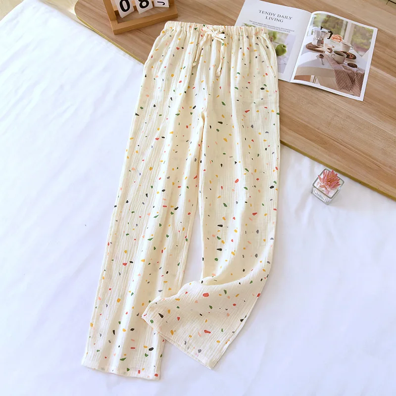 2024 Japanese New Spring/Summer Women\'s Sleeping Pants 100% Cotton Crepe Printed Pants Thin Loose Lace Home Pants Ladies