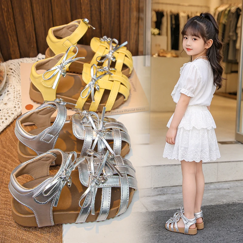 

YUYIN 2026 New Summer Children's Sandals Closed Leather Sandals Cute Bow Non-slip Soft Breathable Simple Fashion Princess Shoes