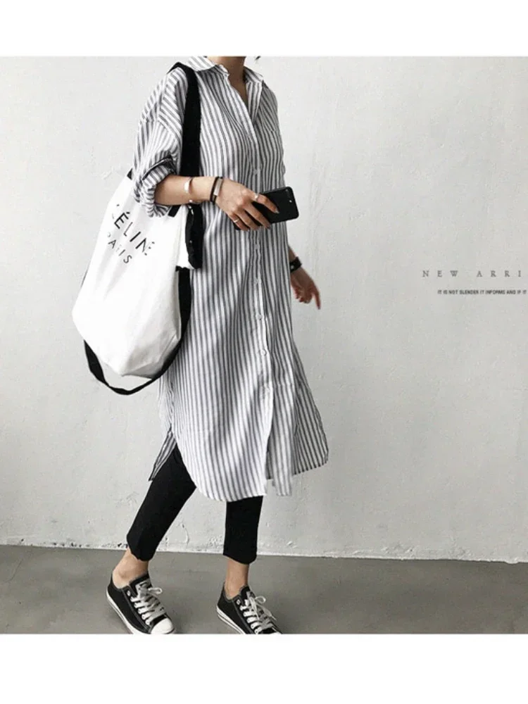 JMPRS Fashion Mid-length Striped Shirt Skirt Women Spring Casual Button Up Long blouse Female Korean Lazy Style  Blusas Mujer