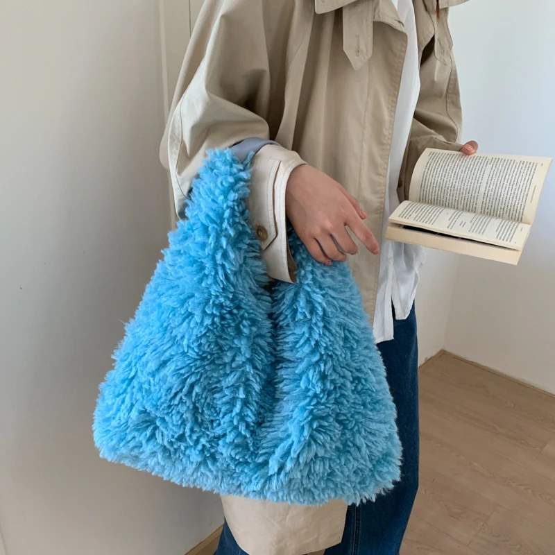 

Fashion Soft Plush Hobo Bags for Women Designer Fluffy Faux Fur Lady Handbags Large Capacity Shopper Tote Female Winter Purses