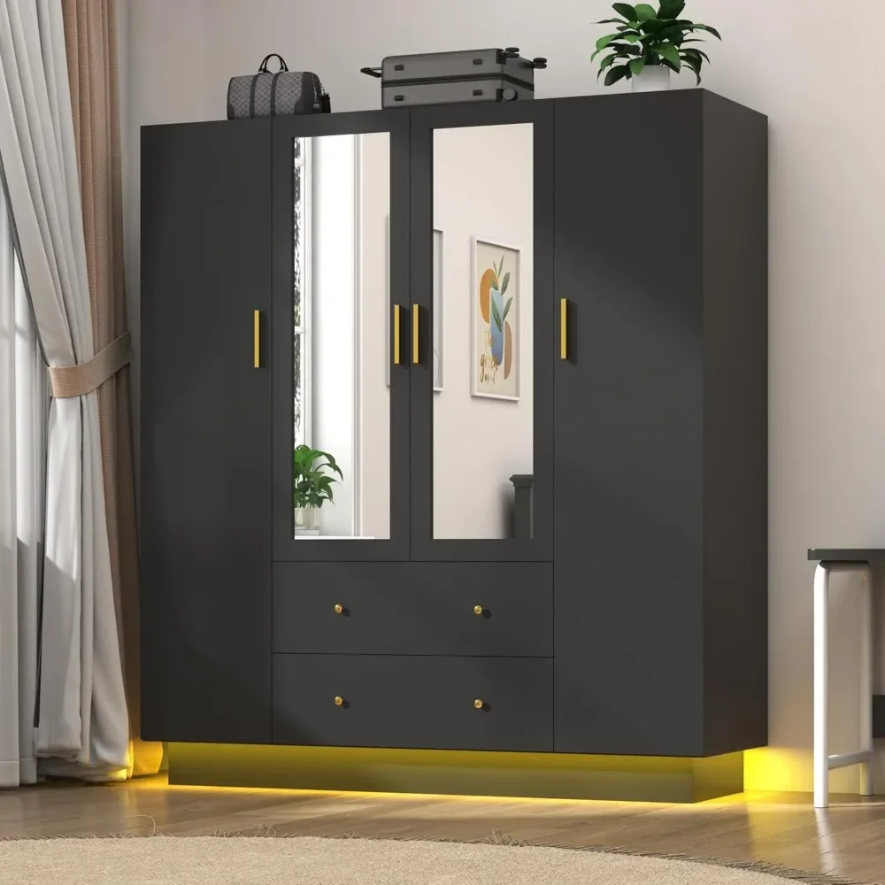 

4 Door Wardrobe Closet with Mirrors and LED Lights, Bedroom Armoire with Drawers and Shelves, Modern Wooden Armoire ,Wardrobes