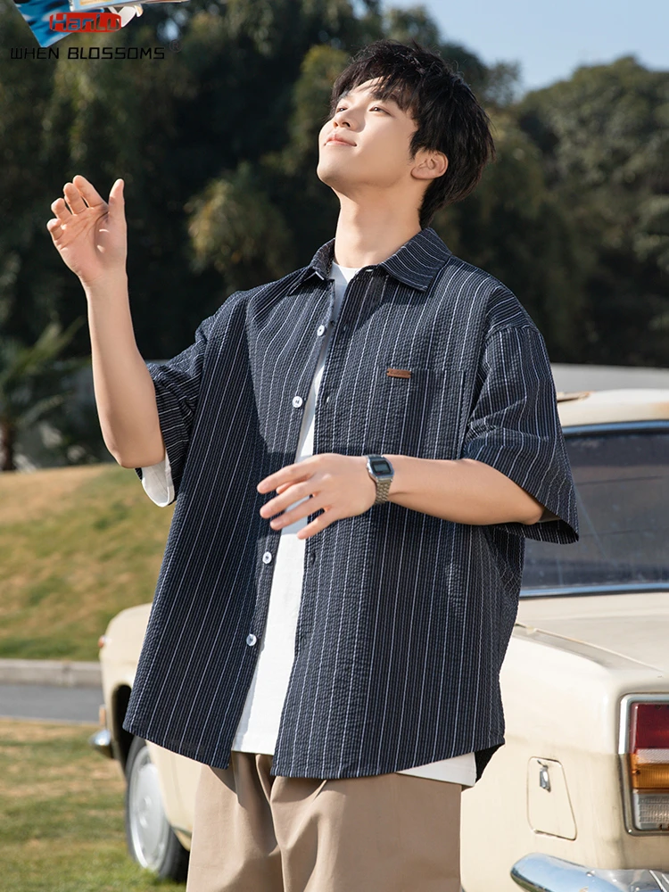 American Vintage Casual Cotton Striped Short Sleeve Shirt Lapel Wrinkled Design Unisex Couple Summer Trendy Oversized Shirt Coat