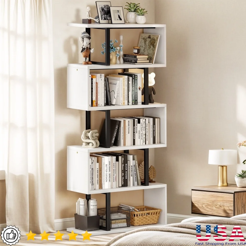 

S Shaped 6 Tier Bookshelf Modern Wooden Open Display Storage Rack Freestanding Bookcase Z Shelf Home Office Living Room Library