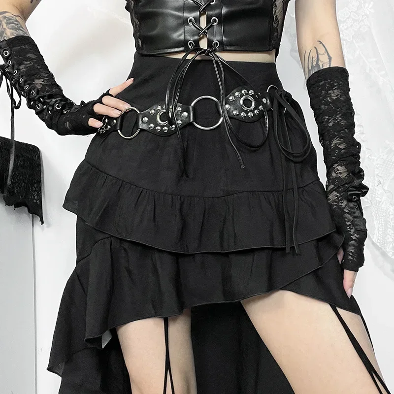 Schwarze Stufenröcke Goth Dark Kawaii 90er Jahre Retro Unregelmäßiger Saum Party Bottoms Mall Gothic Damenmode Ziehen Rock Alt Kleidung