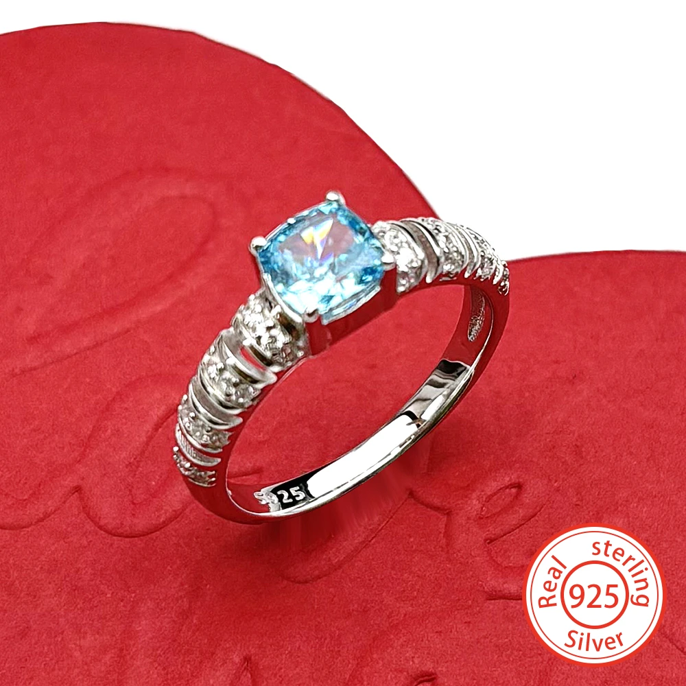 

925 Sterling Silver Square Blue Zircon Ring For Women Wedding Party Gift Personality Korean Finger Rings Jewelry Accessory