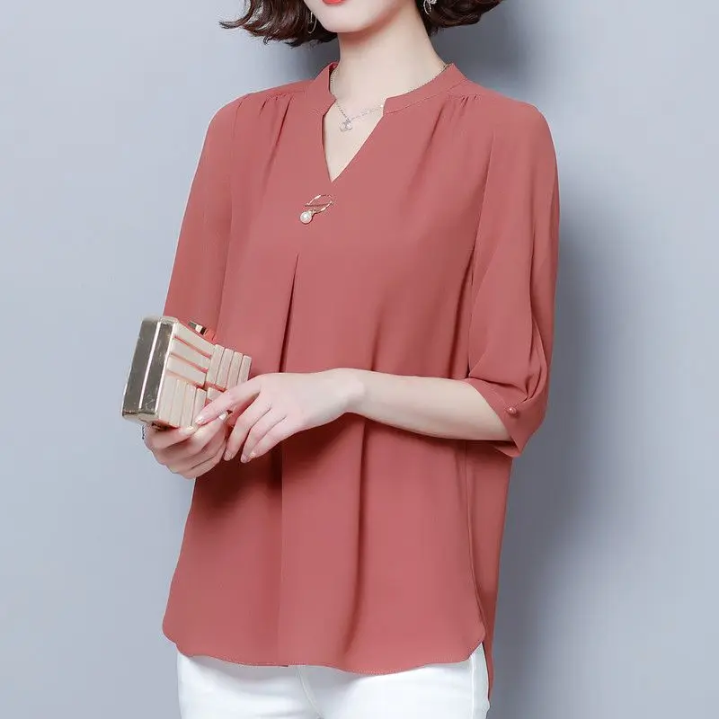 Women Clothes Ruffled Simple Elegant Blouse Summer Fashion V Neck Half Sleeve Casual Shirts Solid Loose Tunic Ladies Tops Blusas