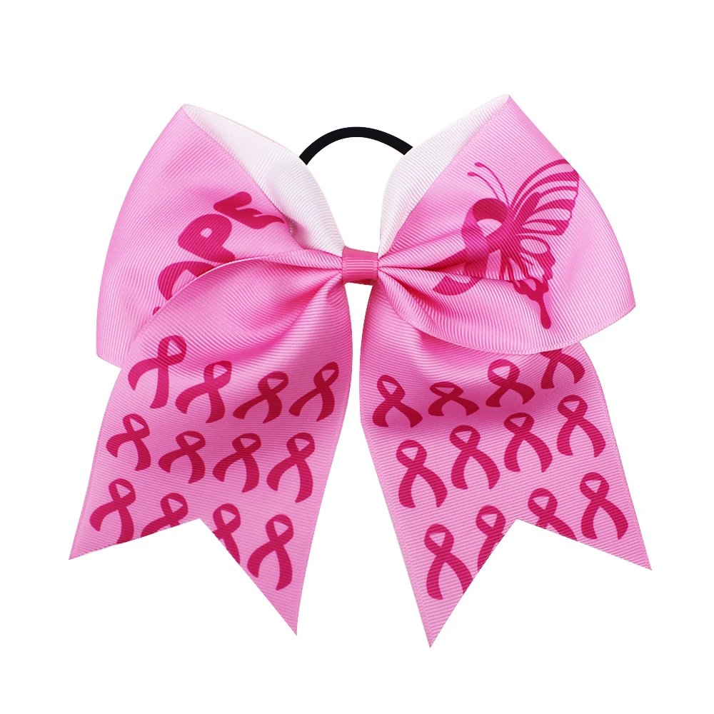 

12pcs/Lot 8 Inch Cheap Pink Ribbon Cheerleading Hair Bows for Girls and Women Breast Cancer Cheer Bows With Elastic Band