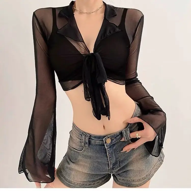 

Tight Straps Hot Girls Thin Design Mesh Top Summer Pure Long-sleeved Shirt