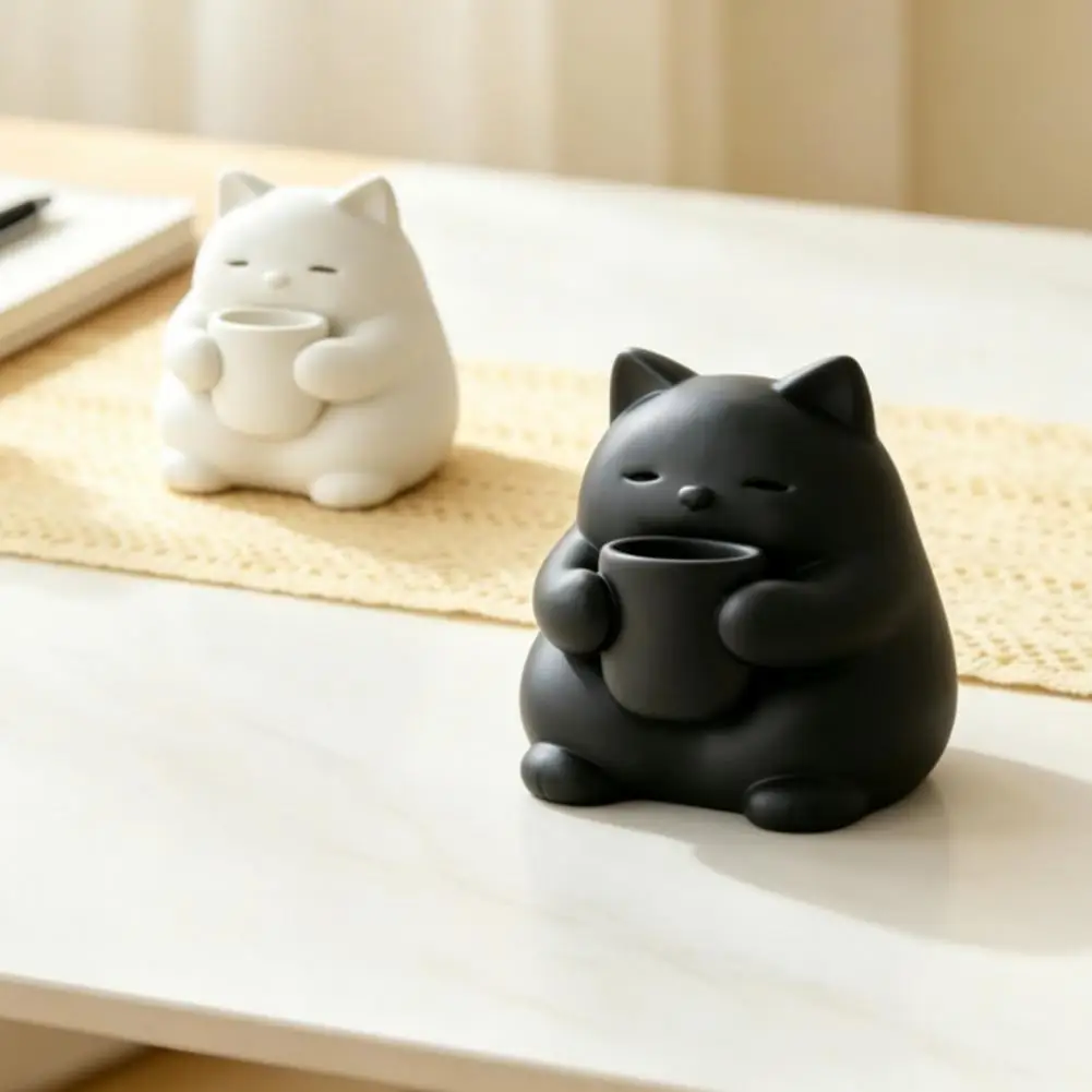 Mini Cute Cat Figurine 3D Printed Drinking Tea Cat Statue Small Desktop Ornament for Living Room Bedroom Office Shelf Decor