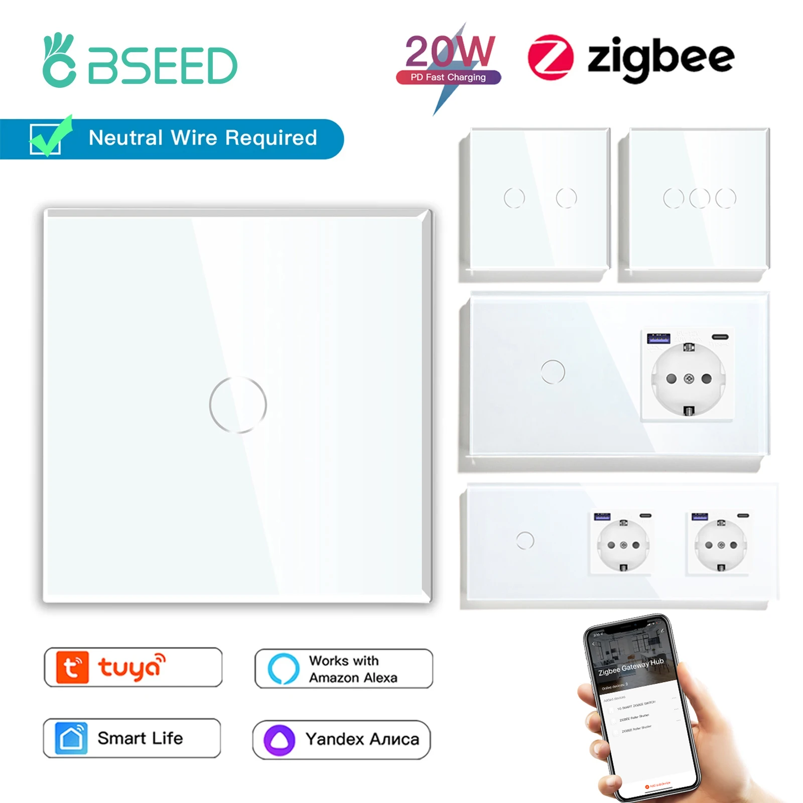 BSEED Zigbee 1/2/3Gang Sensor Switches 1/2/3Way Wall Touch Switches Tuya Smart Life Alexa Control With Type-C USB EU Socket 20W