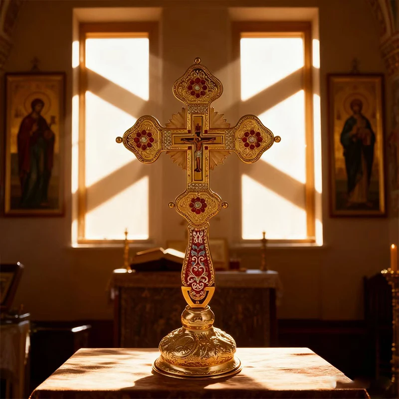Vergoldetes Orthodoxes Standkreuz mit Emaille- und Kristalleinlage und Kruzifix-Ikone, Hochwertiges Kirchenaltar-Kreuz für Liturgie und spirituelle Zwecke – Detail 13