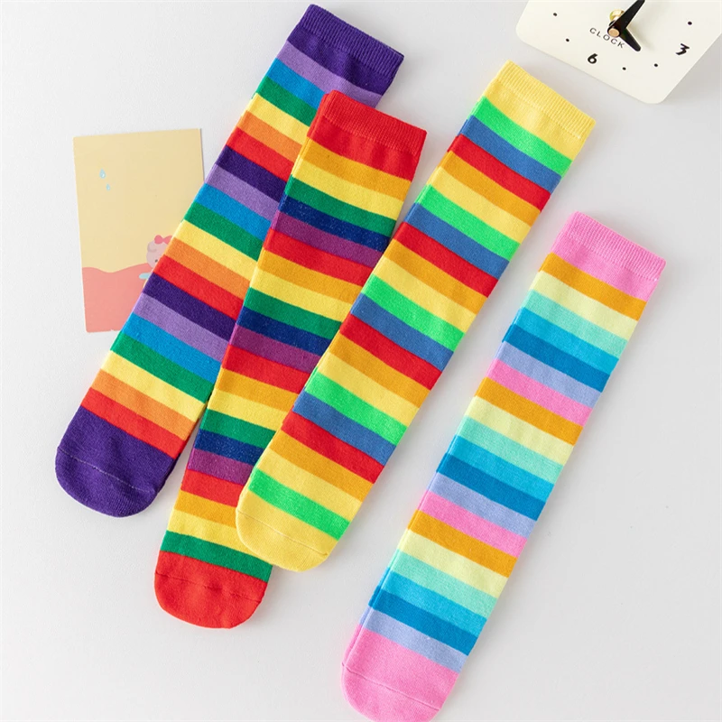 1Pair/2Pairs Rainbow Striped Kids Girls Knee High Socks Breathable Girl Boy Colorful Mid Tube Socks Toddler Children Long Socks