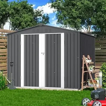 

Outdoor Storage Shed, All Weather Metal Sheds with Metal Foundation & 2 Lockable Doors, Cabanons De Jardin