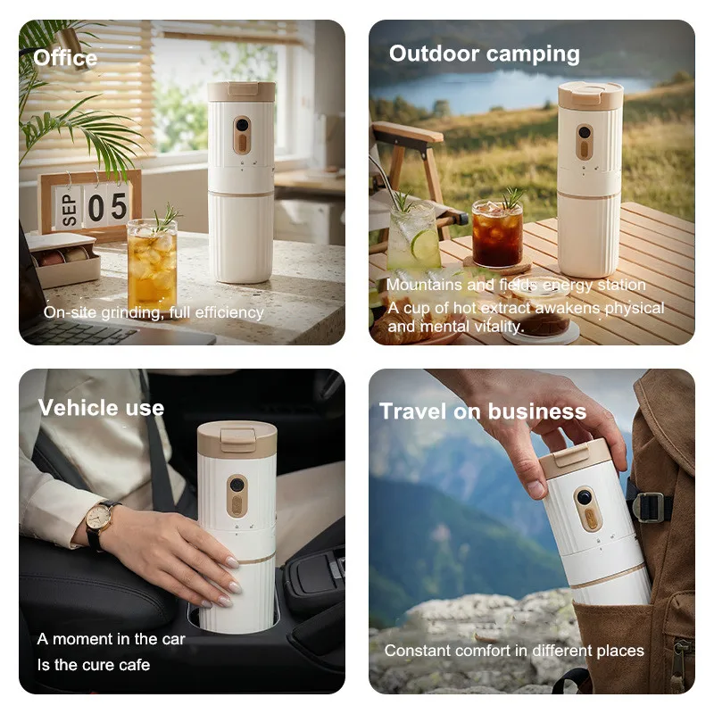 Machine à espresso portable mini, cafetière 3-en-1 avec moulin à café, tasse à café de voyage Handpresso pour camping/bureau, rechargeable par USB