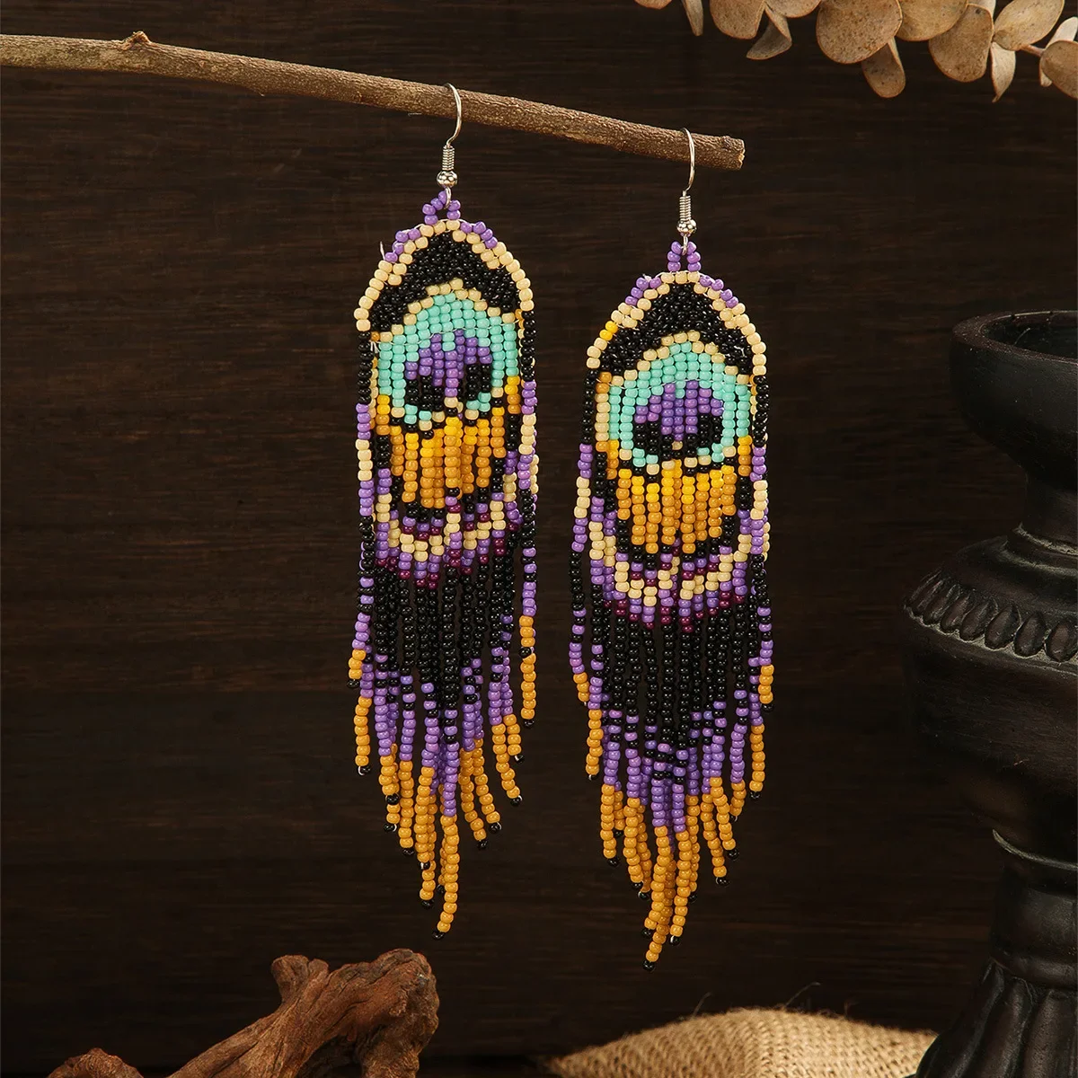 Rice bead earrings  Hand woven  Retro  pattern  Beading  Simplicity  Versatile  Bohemia  geometry  alloy ma'am  Fringed earrings