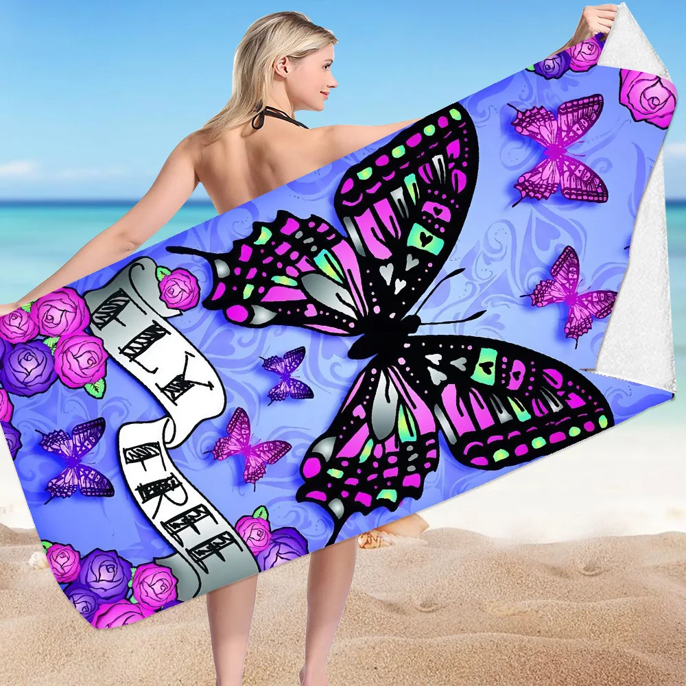 Purple Butterfly Series digital-printed polyester Superfine fiber double-sided fleece Beach vacation bath towel, beach towel
