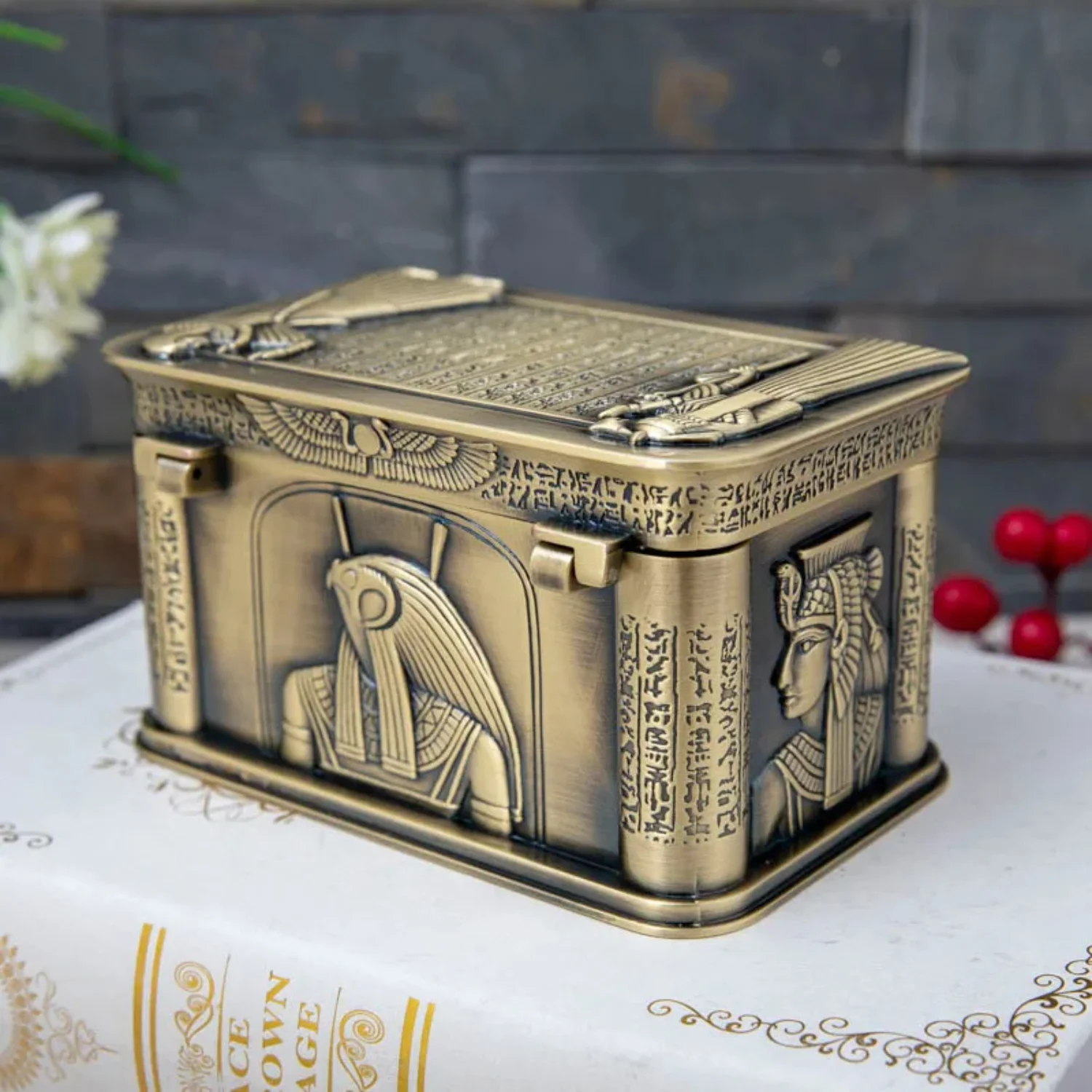 Vintage Egypt Pharaoh Metal Relief Jewelry Box Egyptian Gift  Case  Art Craft Decoration Organizer Casket Chest