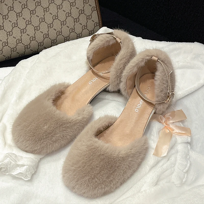 Luxury Manmade Mink Fur Sandals Woman Elegant White Furry Ankle Strap Pumps Ladies Evening Party High Heel Plush Dress Shoes