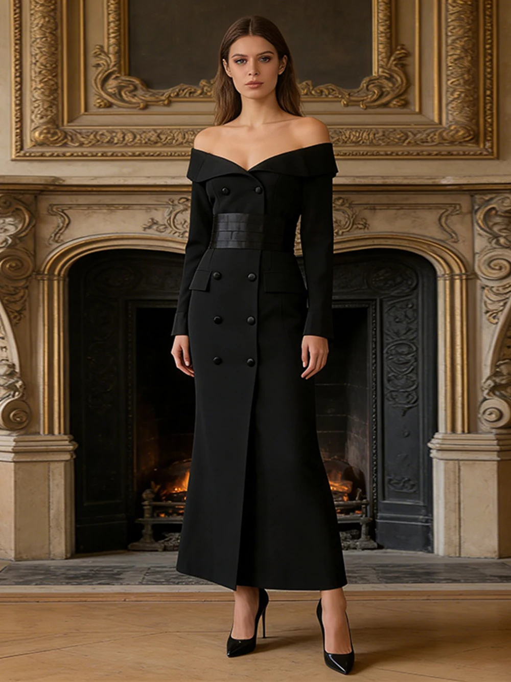 

Европейское и американское платье в стиле кэжуал, весна 2026, новая модель, с завышенной талией, на одно плечо, двубортное, длинное.