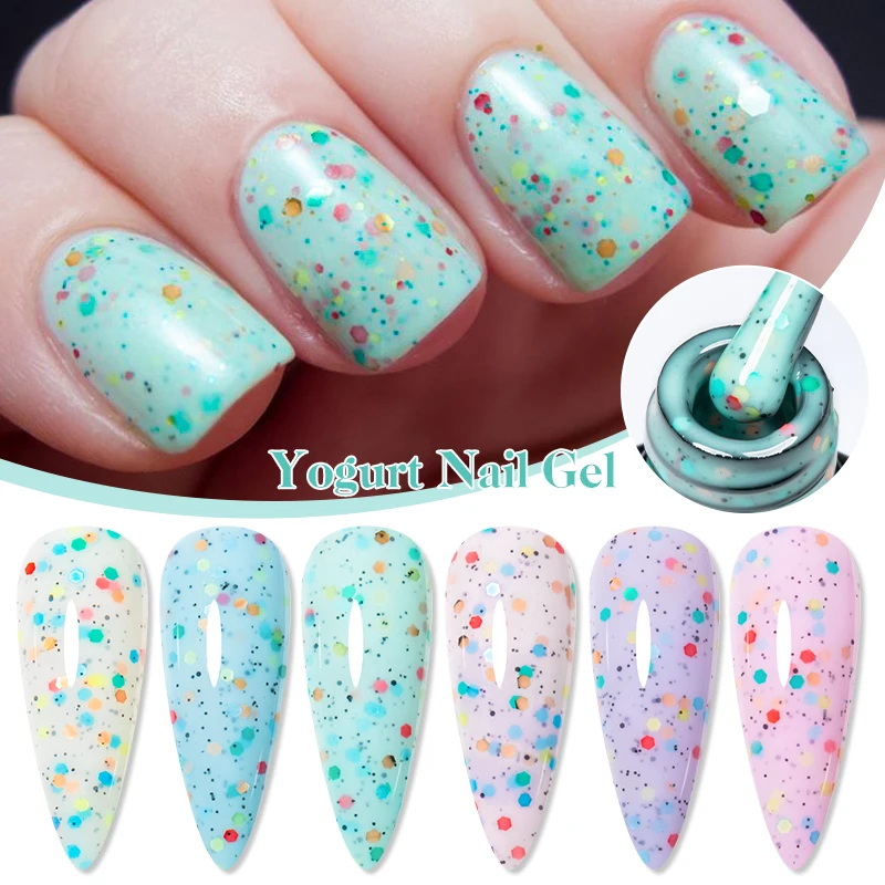 MSRUIOO 8ml 요구르트 글리터 네일 젤 폴란드어 밀키 화이트 핑크 네일 용품 매니큐어 디자인을위한 UV/LED 반영구적 바니시