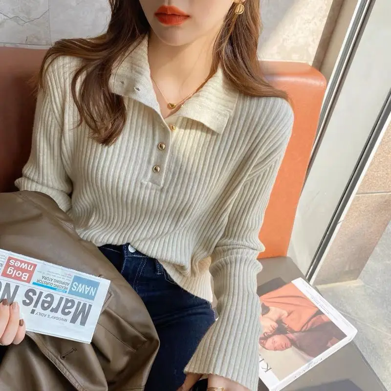 Autumn Winter New Fashion Half High Collar Long Sleeve Solid Pullovers Women\'s Clothing Button Korean Simplicity Knitting Tops